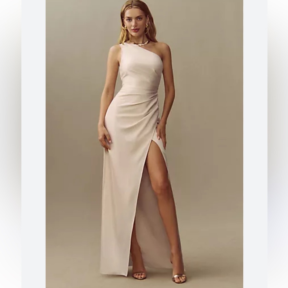 BHLDN Dylan one-shoulder satin side slit Elegant Dress. Anthology - Picture 2 of 4